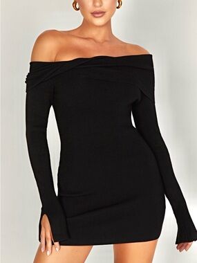 MESHKI ‘Clover Off Shoulder Knit Mini Dress’ in Black